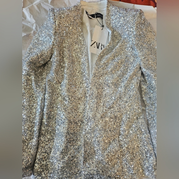 Zara Sparkly Silver Blazer suit and shorts- Eras Tour concert outfit XS - Picture 5 of 6